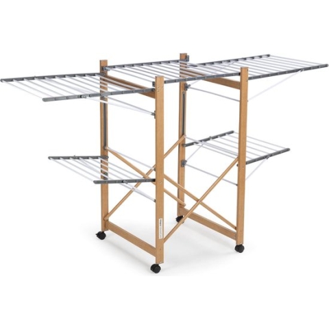 Vitapur Inklapbaar Droogrek - Wasrek Inklapbaar - Kledingrek - 21 meter Drooglengte - 2 Niveaus - Uitklapbaar - Voor Binnen en Buiten - Tuin - Verrijdbaar op Wielen - Houtlook