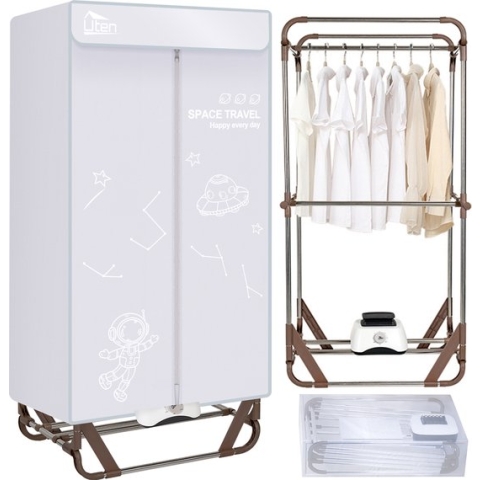 Uten Gr886 Draagbare Elektrische Wasdroger - Dubbellaags Design Droogrek - Droogrekken Inklapbaar Met Opbergtas - 1500 W - Timer 0-180 Min - 15 Kilo vulgewicht - Multi: Droger, Wastoren, Wasdroogrek, Wasrek - Hoogte 1.4 Meter - Grijs