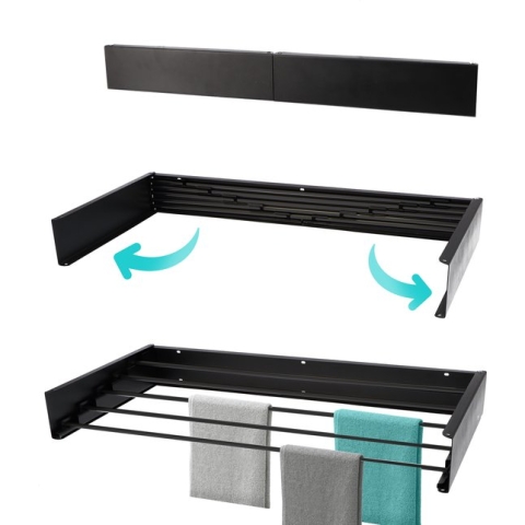 KROMS Wanddroogrek Zwart 80cm - Incl. Boormal - Droogrek Inklapbaar - Wasrek Hangend - Uitklapbaar - Muur - Ophangbaar - 4m Drooglengte