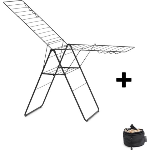 Brabantia HangOn Droogrek 25m - Inklapbaar - met Wasknijpertasje - Matt Black