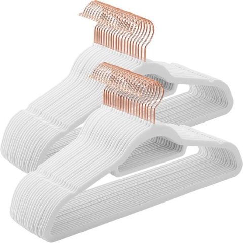 Fluwelen kledinghangers, Set van 50, antislip, met rosé gouden draaibare Haak, wit en goud
