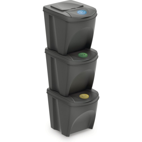 Set van 3x kunststof afvalscheidingsbakken grijs van 25 liter - Scheidingsprullenbakken