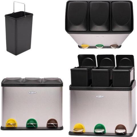 Ceruzo - Prullenbak afvalscheiding -3 vaks - 3 x 15 L -tot. 45 L- RVS