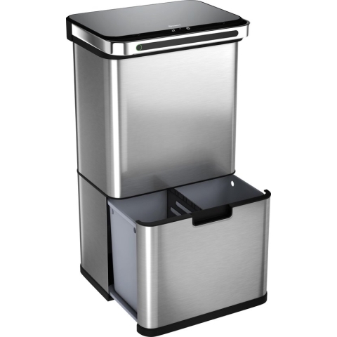 Homra DEXER Afvalscheiding Prullenbak - 4 Vakken - 60 Liter (2×18L + 2×12L) - Recycle Sensor Prullenbak - RVS Afvalemmer - Afvalscheidingsprullenbak - Design Keuken Afvalemmer - Automatische Lucht- En Bacterie Filter - Soft Close Deksel – Kleur RVS