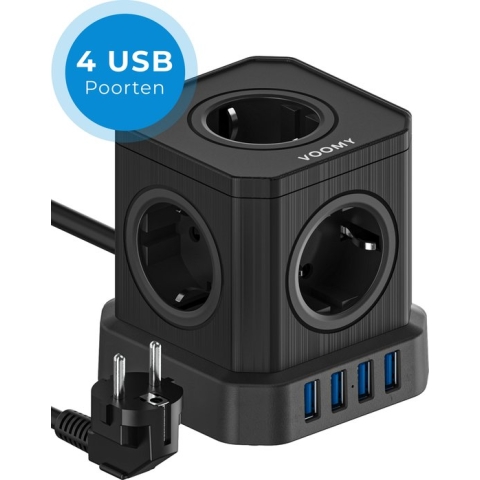 Voomy Cube Stekkerdoos met Schakelaar - 4 USB Poorten - 5 Stopcontacten - Powercube - Zwart