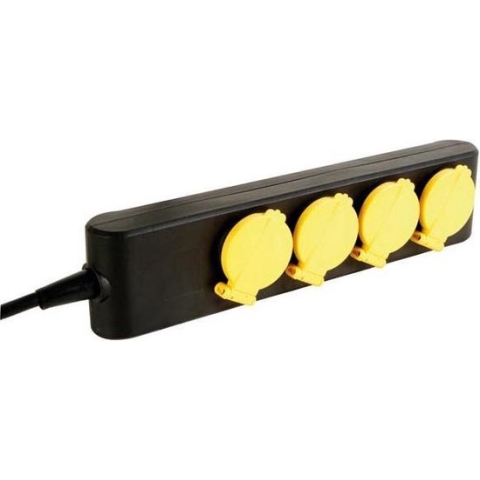 Perel Stekkerdoos, 4 klapdeksels, 4 stopcontacten met penaarde (type E), kabel 1.5 m, 3G1.5, voor binnen en buiten, zwart/geel