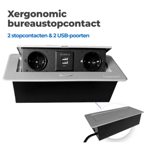 Xergonomic bureaustopcontact – bureaustekkerdoos met 2 stopcontacten en 2 USB-poorten – Inklapbare inbouw stekkerdoos – Inbouw contactdoos voor huis en kantoor meubilair – Stevige en moderne inbouwstekkerblok – B26.2xL11.6xH6.5cm - Zilver