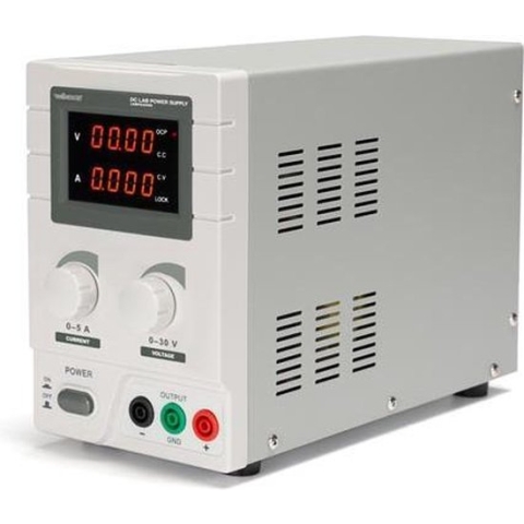Velleman Laboratoriumvoeding, regelbaar, 0-30 VDC/0-5 A, stroombegrenzing, kortsluitbestendig, lcd-scherm, grijs