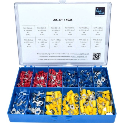 Vogt Verbindungstechnik 4035 Assortiment ringkabelschoenen 0.50 mm² - 6 mm² Rood, Blauw, Geel 505 stuk(s)