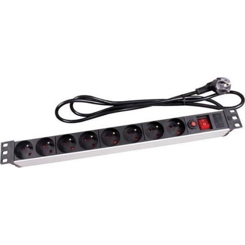 Perel PDU-Stekkerdoos met schakelaar, overbelastingsbeveiliging, 8 stopcontacten met penaarde (type E), kabel 2.15 m, 3G1.5, voor binnen, zwart/rood