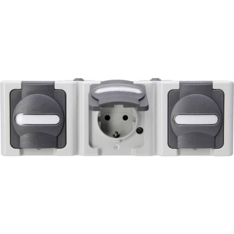 Kopp 131356005 BlueElectric Compleet Wandcontactdoos met randaarde en klapdeksel spatwaterdicht Grijs 3-voudig