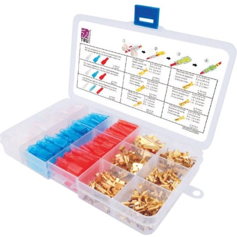 TRU COMPONENTS T1809C019 Assortiment platte stekkers Rood, Blauw, Transparant, Messing 320 onderdelen
