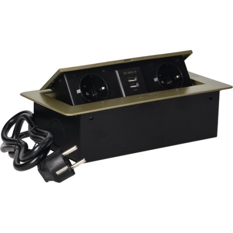 Stekkerdoos met USB - Pop up stekkerblok met 2 stopcontacten en 2 USB - Inbouw Verdeelstekker met RVS afwerking - Stekkerblok met 1.5 meter kabel - voor max. 3680 Watt - Messing