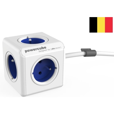 DesignNest PowerCube Extended stekkerdoos - 1.5 meter kabel - Wit/Blauw - 4 stopcontacten - Type E met aardepin (België)