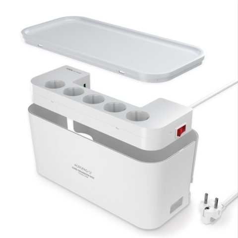 ACROPAQ Kabelbox inclusief stekkerdoos en USB lader - 5-voudig + 3 x USB-A, Met schakelaar - Opbergbox, Snellader Iphone en Samsung, Kabel organiser - Wit