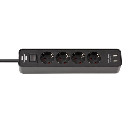 Brennenstuhl Ecolor stekkerdoos 4-voudig met USB-laader (stekkerdoos met 2x USB-laadcontactdoos, schakelaar en 1,5m kabel) zwart