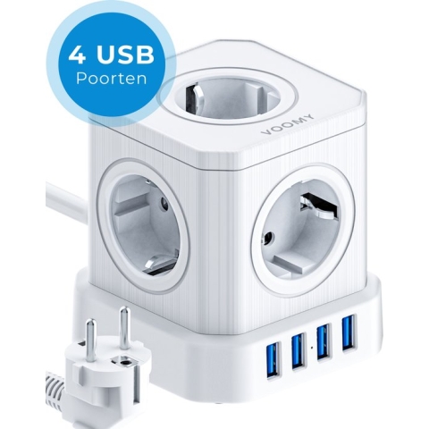 Voomy Cube Stekkerdoos met Schakelaar - 4 USB Poorten - 5 Stopcontacten - Wit