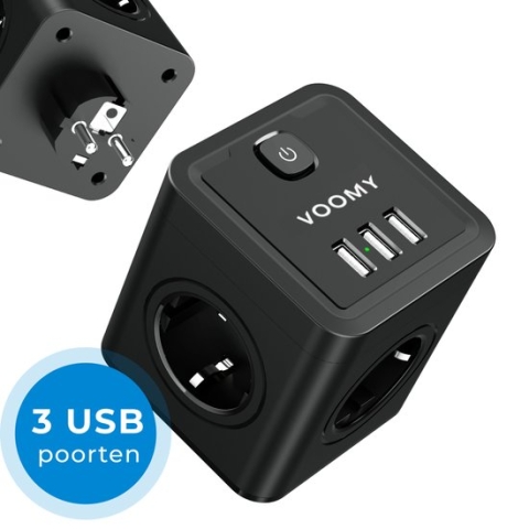 Voomy Cube Verdeelstekker 7-Voudig - Stopcontact Splitter - 3 USB Poorten - Stekkerdoos - Zwart