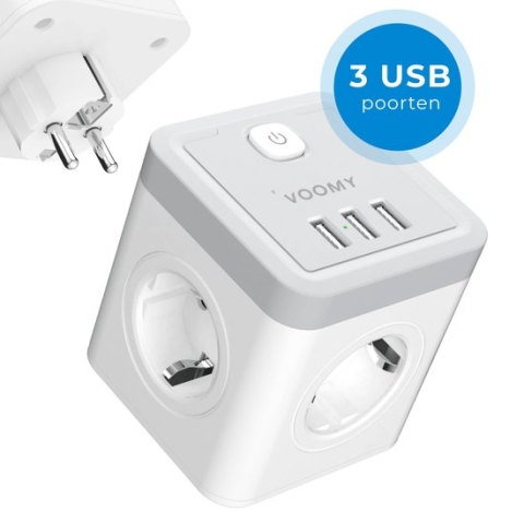 Voomy Cube Verdeelstekker 7-Voudig - Stopcontact Splitter - 3 USB Poorten - Stekkerdoos - Wit
