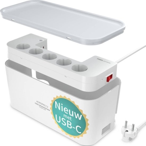 ACROPAQ Kabelbox inclusief stekkerdoos en USB-C lader - 5-voudig + 1 x USB-C + 2 x USB-A, Met schakelaar - Opbergbox, Snellader Iphone en Samsung, Kabel organiser