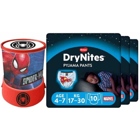 DryNites Luierbroekjes Boy 4-7 jaar Voordeelbox + Gratis Spiderman Led Projector Lamp Pakket
