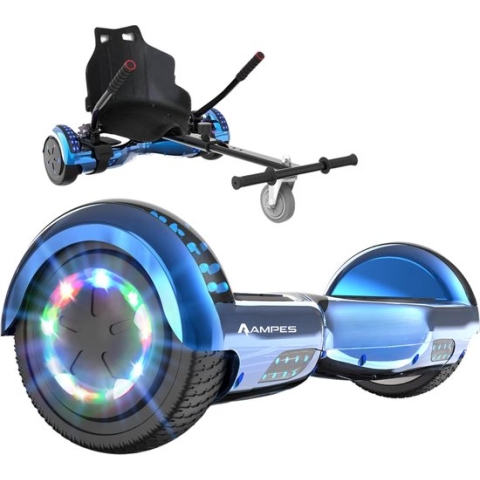 Ampes Hoverboard - Bluetooth Speaker - 24V 4.0 Ah Accu - Oxboard - 12 km/h - UL2272 Gecertificeerd - LED Verlichting - Anti lek banden - Belastbaar tot 120KG - 6.5 Inch - Inclusief Draagtas - 700W Wielen - Chroom Blauw + Hoverkart