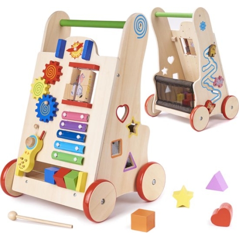 Houten loopduwer - educatieve kubus - 6in1 - looptrainer - baby peuter - loopwagen - Houten Activiteiten Loopwagentje
