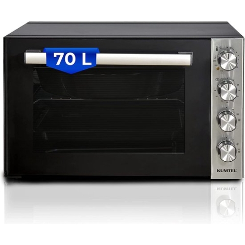 KUMTEL mini-oven / pizzaoven, 70 liter XXL, 2000W turbofunctie, 6 kookstanden, binnenverlichting, dubbel glas, max 230°C, timerfunctie, granieten binnencoating, incl. bakplatenset, zwart