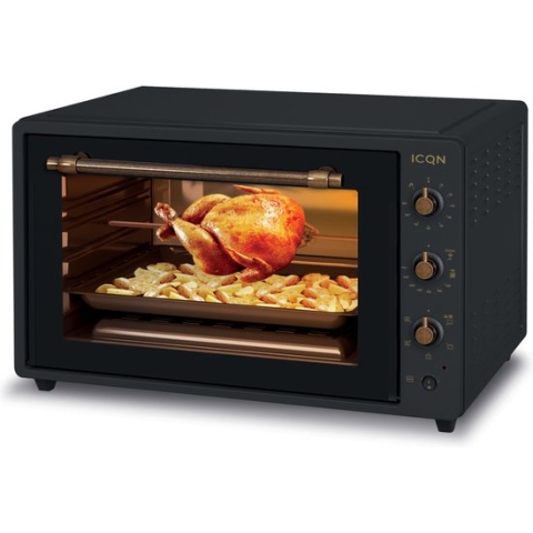 ICQN XXL Vrijstaande Retro Oven - 60L – Rustiek Design - Convectie Mini Oven - Hetelucht & Grillfunctie - Geëmailleerde Holte – Vintage – Zwart