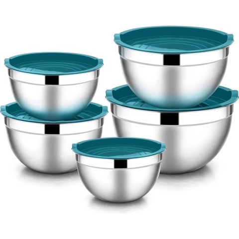 Mengkom set van 5, 100% roestvrijstalen slakom set met luchtdicht deksel - 4,5 l, 2,7 l, 1,5 l, 1,2 l, 0,7 l, ideaal voor koken/bakken/opslag, stapelbaar en vaatwasmachinebestendig - blauw