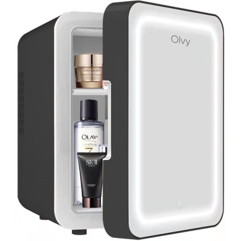 Olvy Skincare Fridge - Mini Koelkast - Skincare Koelkast - Met Spiegel en Verlichting - Make-up Koelkast - Zwart - Cosmetica - 4 Liter
