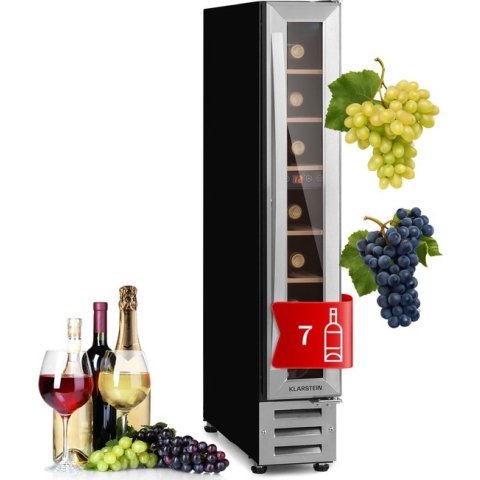 Klarstein Vinovilla 7 Built-In Uno Inbouw - Wijnkoelkast - 20 Liter / 7 Flessen - 1 Koelzone - Touch Paneel - Glas & Edelstaal - Zilver