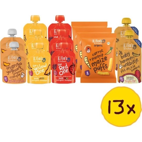 Ella's kitchen 6 + m 13 stuks Knijpzakjes + Snacks Pakket