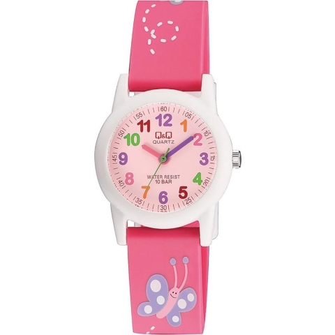 Q&Q VR99J002Y - Horloge - Sport - Analoog - Kinderen - Unisex - Plastic band - Rond - Kunststof - Cijfers - Vlinder - Roze - Wit - Multi - 10 ATM
