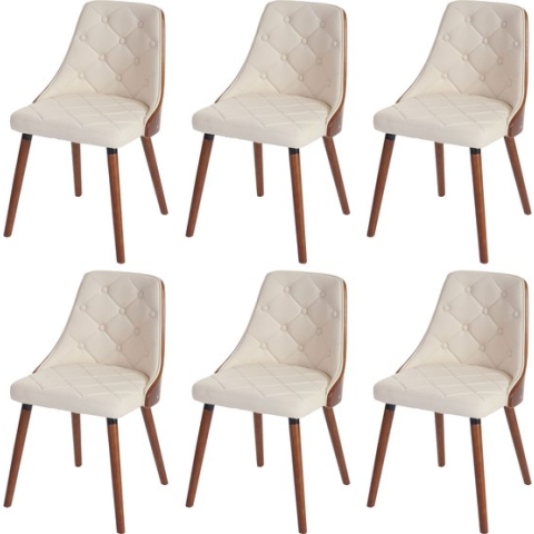 Set van 6 eetkamerstoelen MCW-A75, bezoekersstoel keukenstoel, walnoot-look gebogen hout ~ kunstleer crème