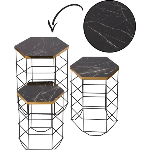 Metalen bijzettafel marmer look van Naturn Living - Bijzettafel set van 3 - Draadmand bijzettafels - Marmer look tafelblad - Draadmanden - Zwart