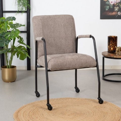 Bronx71® Eetkamerstoel met wieltjes Mila taupe - Eetkamerstoelen met armleuning - Eetkamerstoelen met wieltjes - Eetkamerstoel taupe - Eetkamerstoel met armleuning