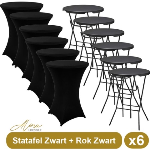 6x Zwarte Statafel + Zwarte Statafelrok x 6 – ø80 cm x 110 cm hoog