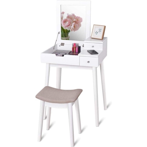 Monkey's Kaptafel Klapspiegel – Make up Tafel Voor Vrouwen - Met Kruk - Bruin - Witte Kaptafel Met Klapspiegel - Kaptafels - 60 x 50 x 75 cm