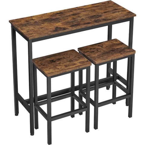 Signature Home Vannes Bartafel set - eetgroep, hoge tafel set - bartafel (100 x 40 x 90 cm) met 2 barkrukken (elk 30 x 40 x 65 cm) - metalen onderstel - industrieel design - voor eetkamer - woonkamer - vintage bruin zwart