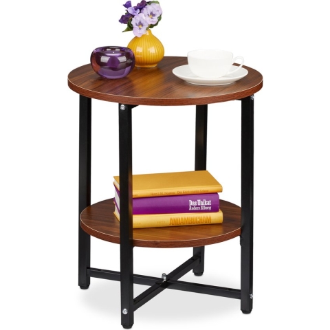 Relaxdays bijzettafel met 2 etages - rond woonkamer tafeltje - vintage haltafeltje - bed