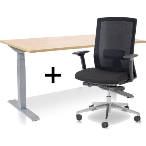 Zit-sta bureau elektrisch verstelbaar +  ERGO Bureaustoel | MRC PRO NEN-EN 527 Thuiswerkset | frame bureau aluminium - bureaublad wild peren | 160x80 cm