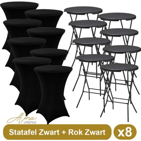 8x Zwarte Statafel + Zwarte Statafelrok x 8 – ø80 cm x 110 cm hoog