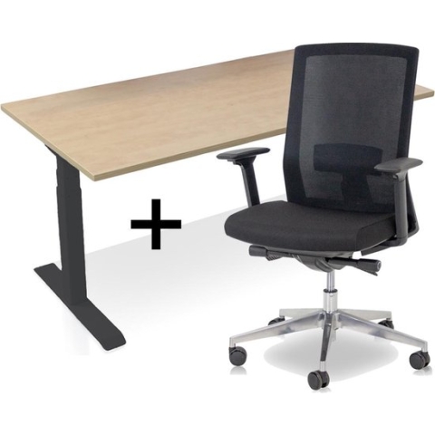 Zit-sta bureau elektrisch verstelbaar +  ERGO Bureaustoel | ARBO  PRO NEN-EN 527 Thuiswerkset | frame bureau zwart - bureaublad wild peren | 160x80 cm