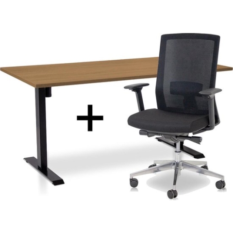 Zit-sta bureau elektrisch verstelbaar +  ERGO Bureaustoel | ARBO EASY Thuiswerkset | frame bureau zwart - bureaublad havanna | 160x80 cm