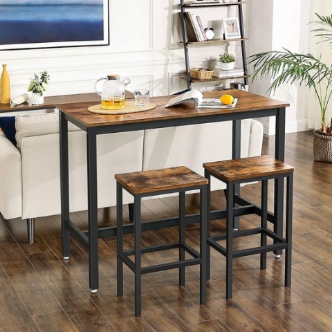 Parya Home - Bartafel Set - Bartafel inclusief twee barstoelen - Industrieel - Vintage - Bruin