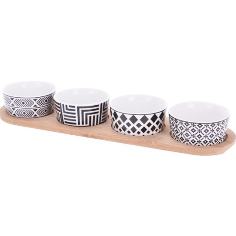 Excellent Houseware set van 4x luxe hapjes/sausjes/tapas schaaltjes op bamboe plankje