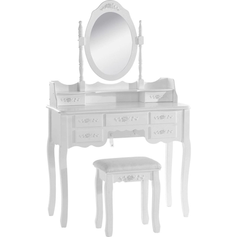 Furnibella - Make-up tafel kaptafel 90x144,5x40cm met 7 lades et 1 spiegel,Cosmetische tafel stijl Barok in MDF,Wit