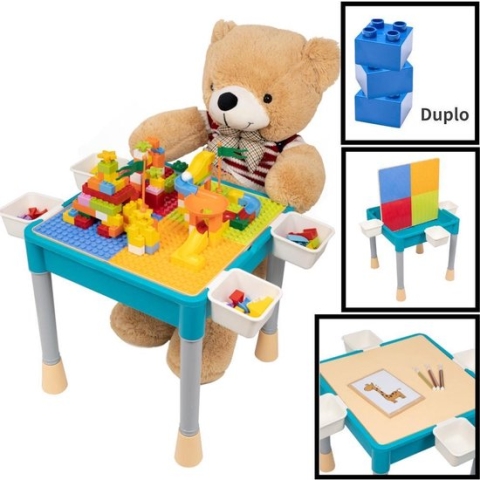 Decopatent® - Kindertafel met 1 Stoeltje - Speeltafel met bouwplaat en vlakke kant - 4 Bakjes - Geschikt voor Duplo® Bouwstenen