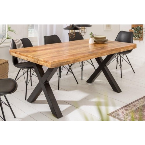 Massief mangohout eettafel 160 cm model Delphi industrieel design met X-poten